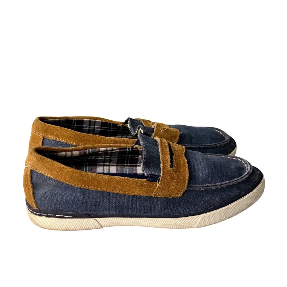 GH Bass Olsen Penny Loafers Mens 9M Navy Blue Canvas Suede Trim 2300-416
